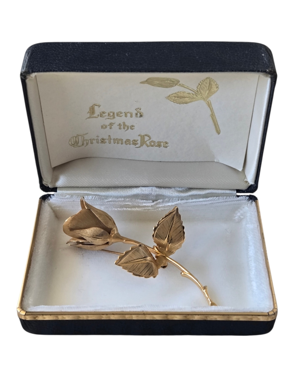 Vintage Legend of the Christmas Rose Gold Tone Brooch Pin with Original Box